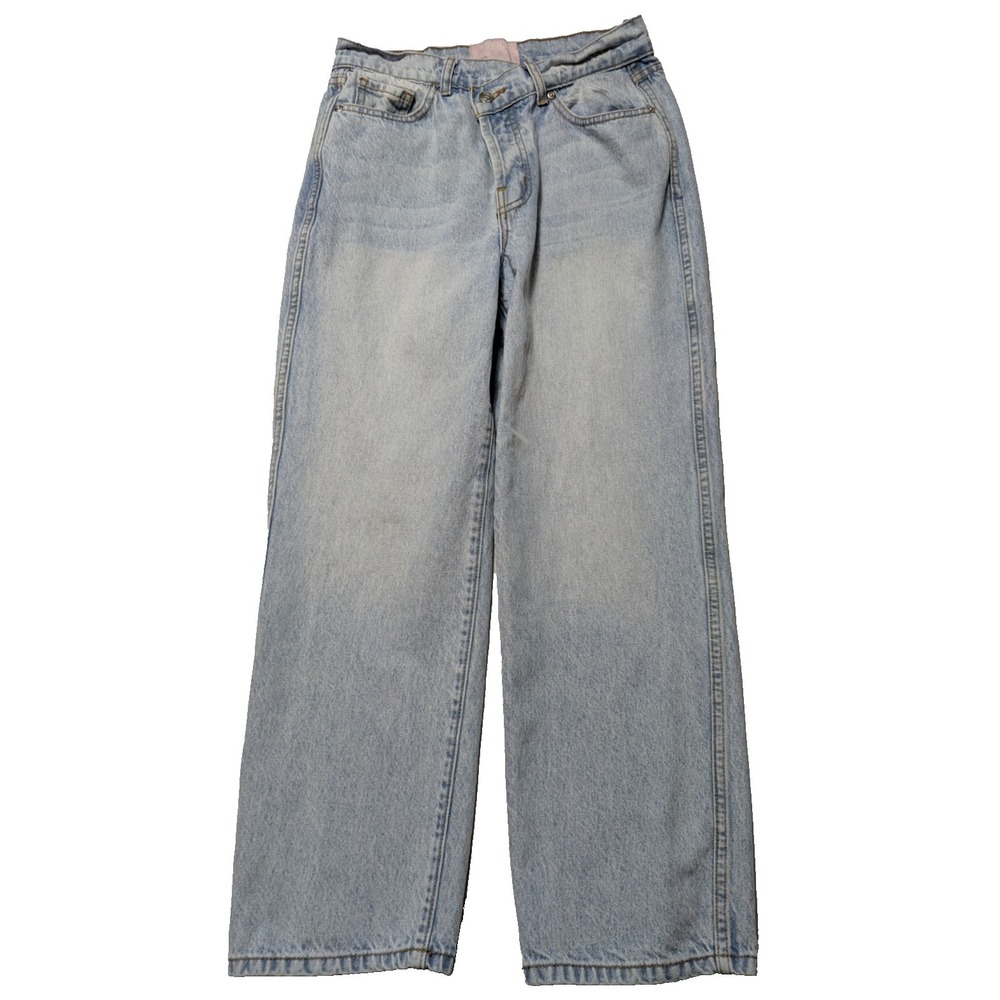 REVICE Women 29 Asymmetric Button Fly‎ Crop Straight Leg Light Wash Denim Jeans